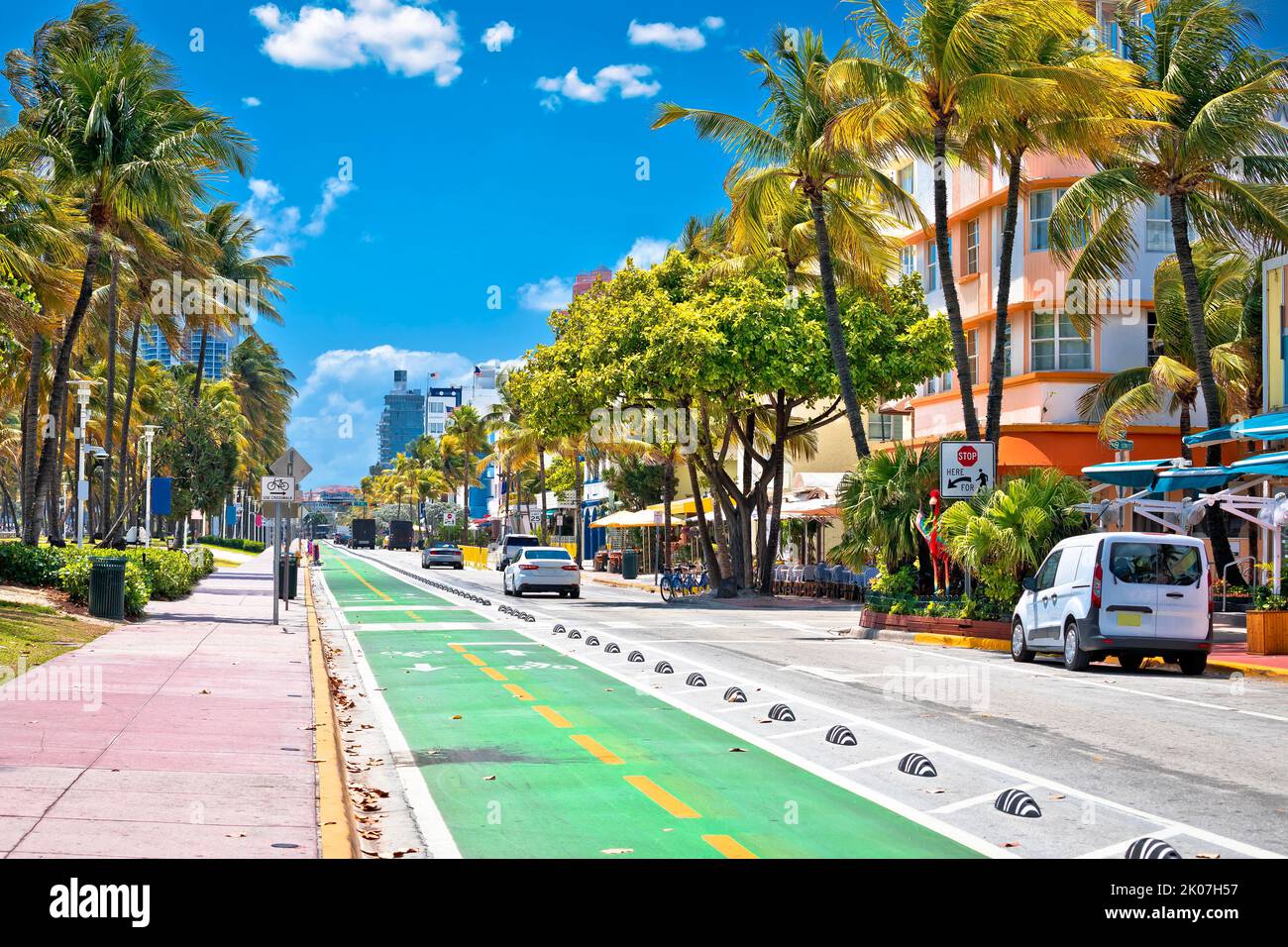Colorful street of Miami Beach Ocean Drive architecture view, Florida state of USA Stock Photo