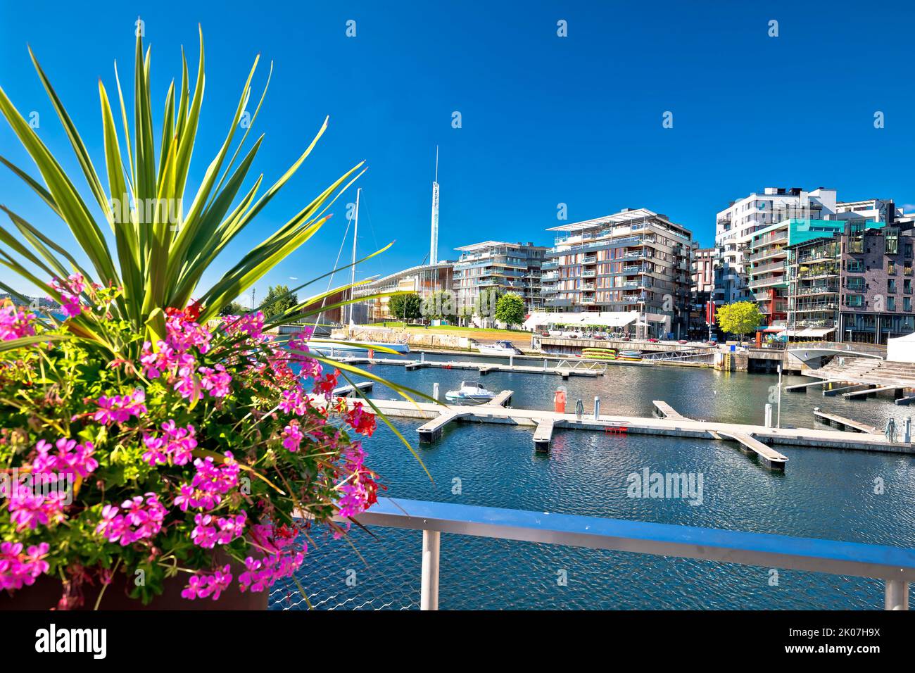 Scenic Aker Brygge marina nad modern waterfront architecture in Oslo view, capital city of Norway Stock Photo