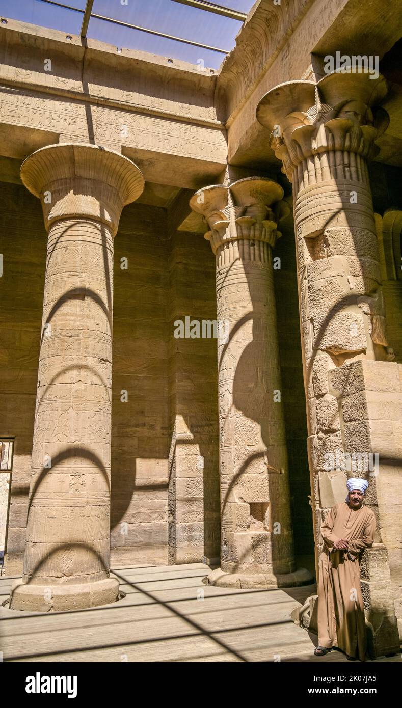 Hall of columns, Isis temple, guard, Philae temple complex, Aswan, Egypt Stock Photo