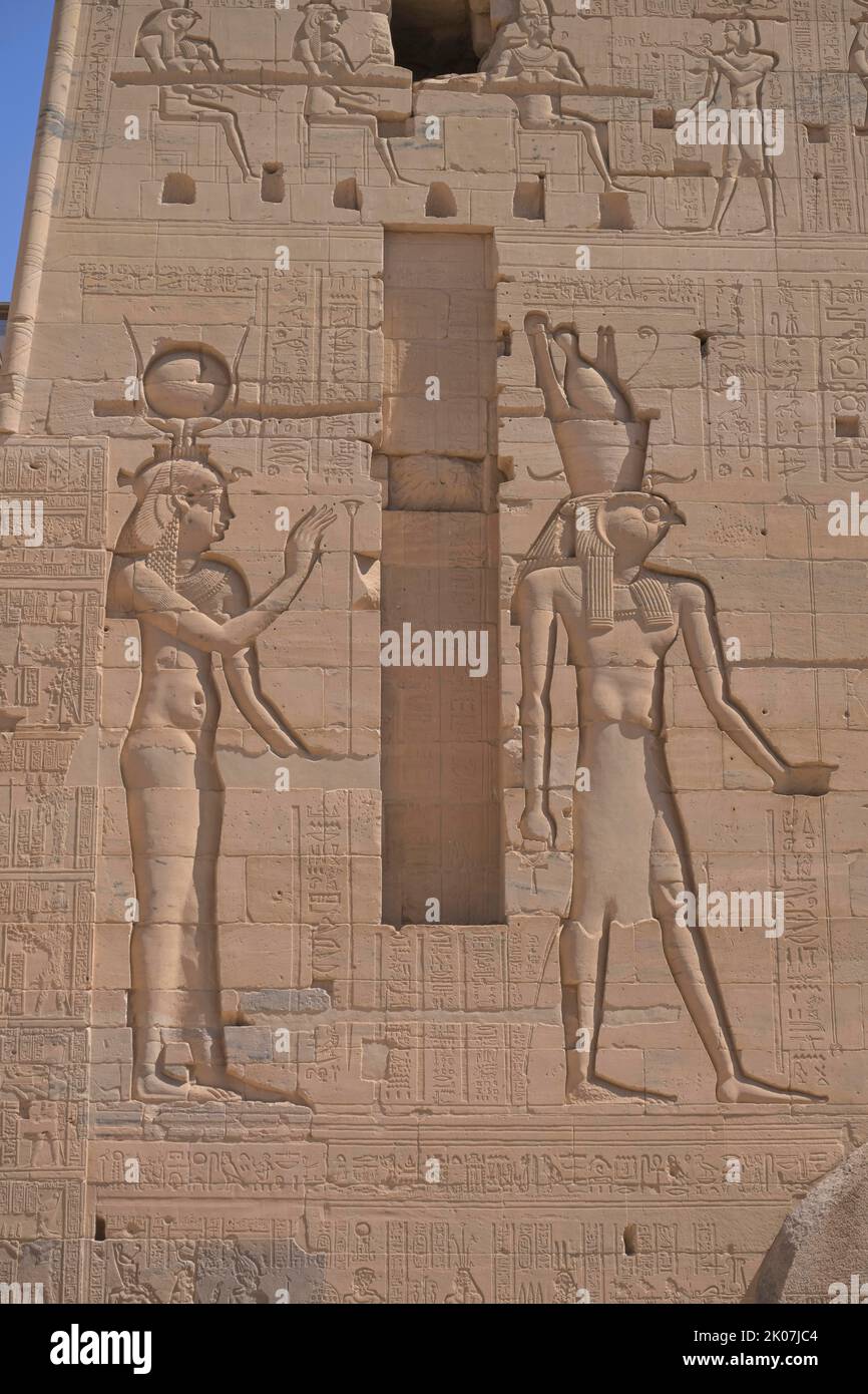 Hathor and Horus (from left), first pylon, Temple of Isis, Temple complex Philae, Aswan, Egypt Stock Photo