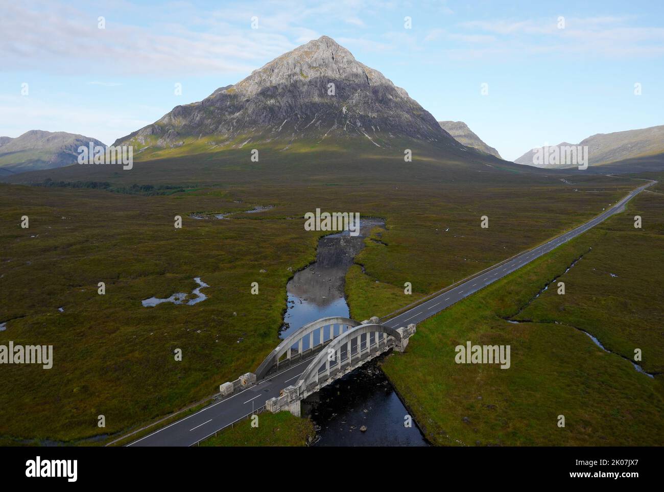 Buachaille Etive Mor aerial during summer view of A82 road and bridge Stock Photo