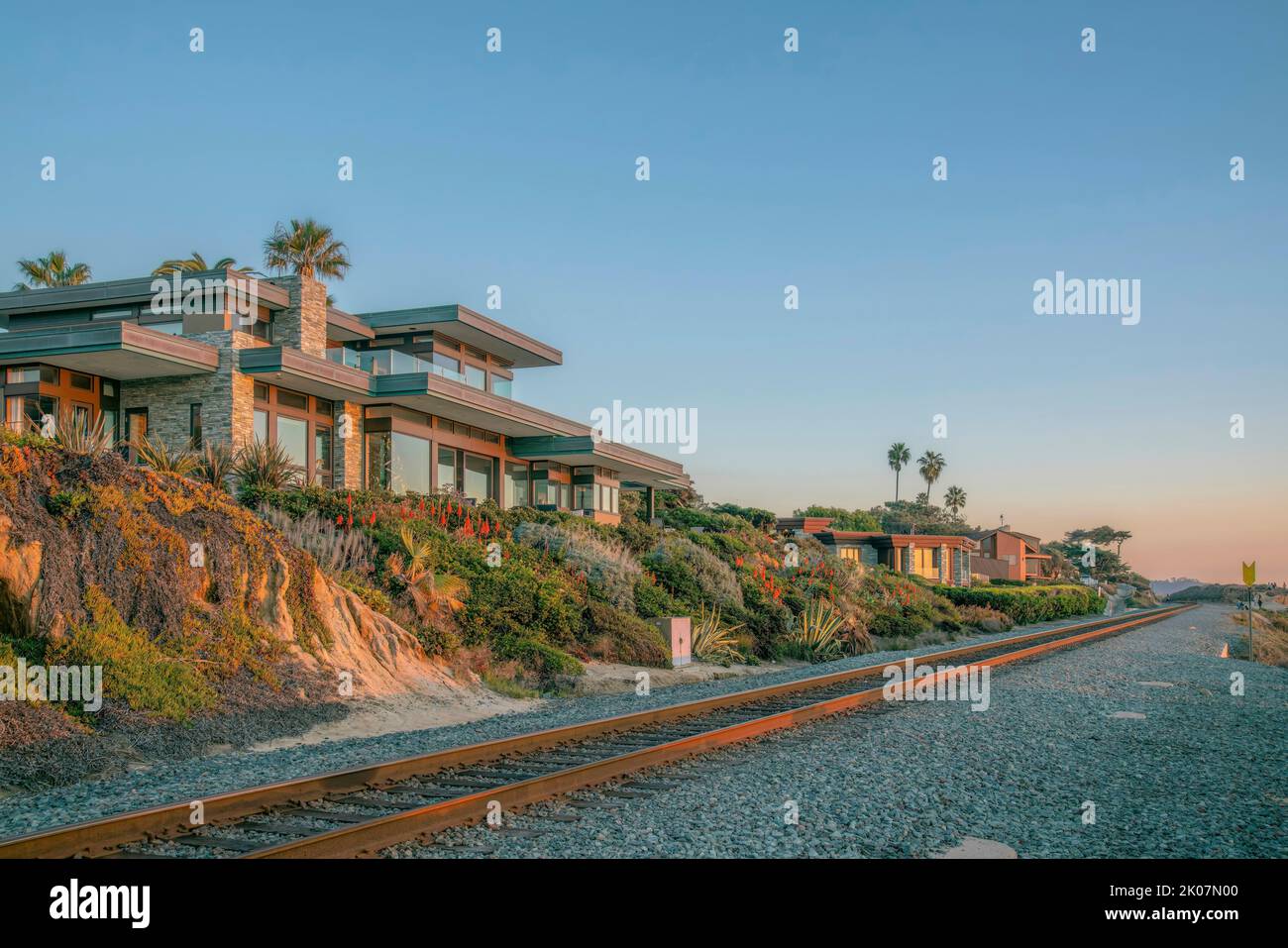 Houses at Del Mar Southern California along railroad on the beach at