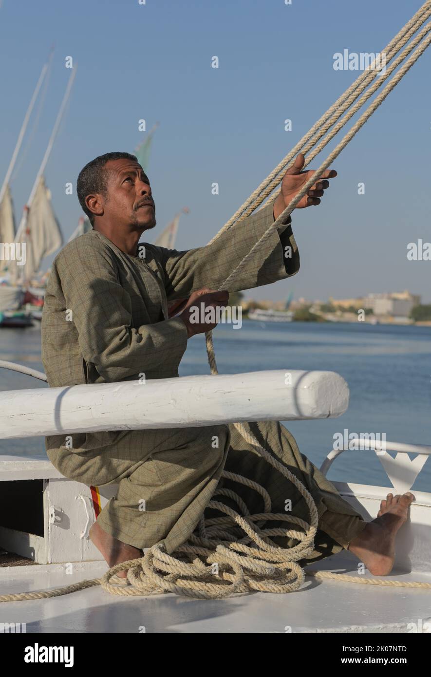 Boatswain, Captain, Sailboat, Felucca, Nile, Luxor, Egypt Stock Photo