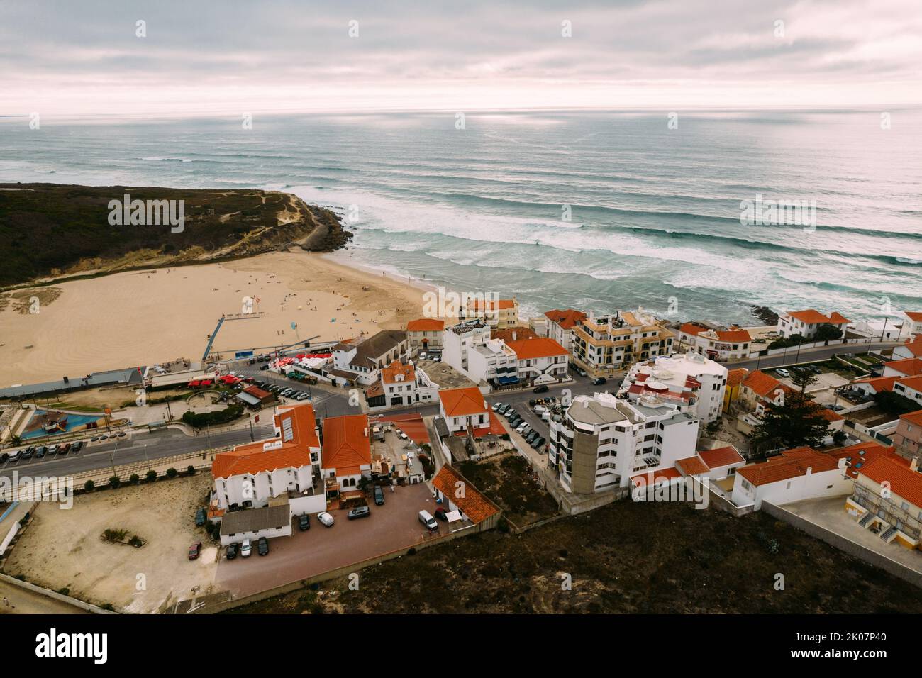 Aerial Drone View of Portugal Coastal Town with Houses in Housing