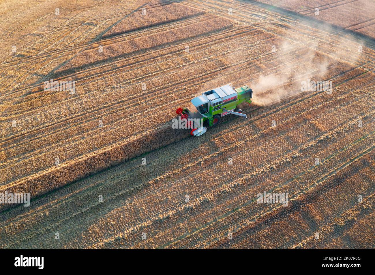 Combine harvester harvesting crops during sunset in Scotland Stock Photo