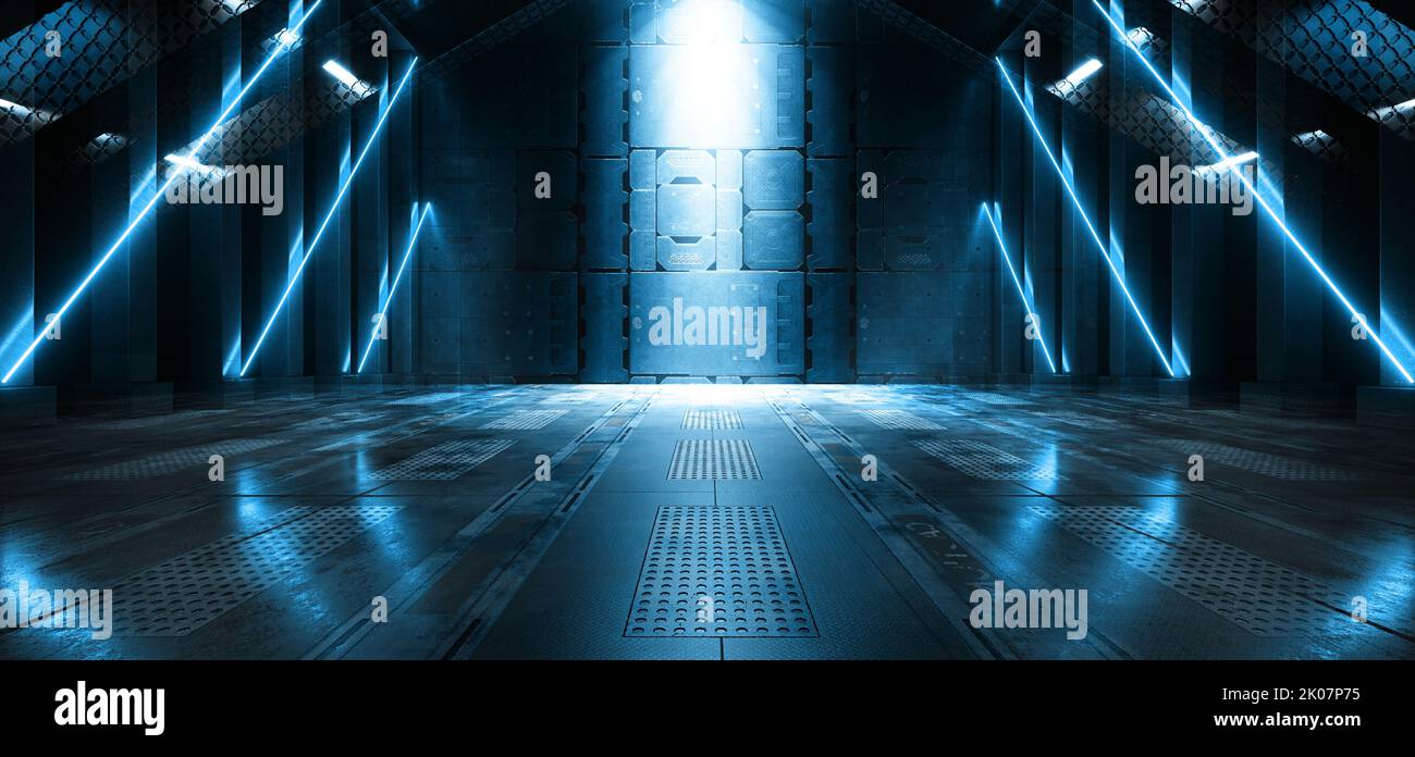 Sci Fi Futuristic Spaceship Warehouse Alien Tunnel Corridor Hangar Bunker Shelter Glossy Metal Panels Cyber Blue Neon Glowing Lights 3D Rendering Illu Stock Photo