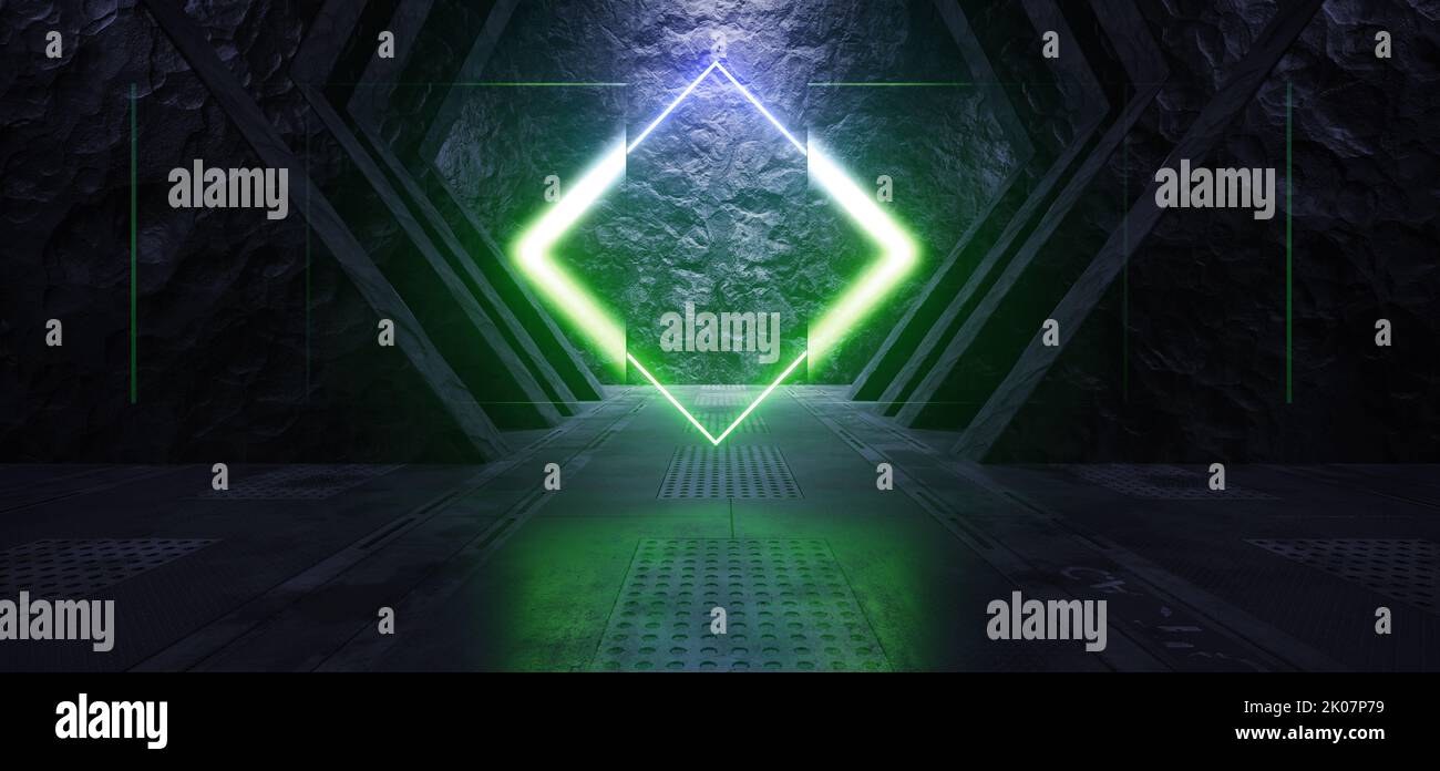 Futuristic Spaceship Underground Nuclear Bunker Neon Hologram Triangle Glow Green Hangar Garage Metal Panels Rock Dark Tunnel Corridor Sci Fi  3d Rend Stock Photo