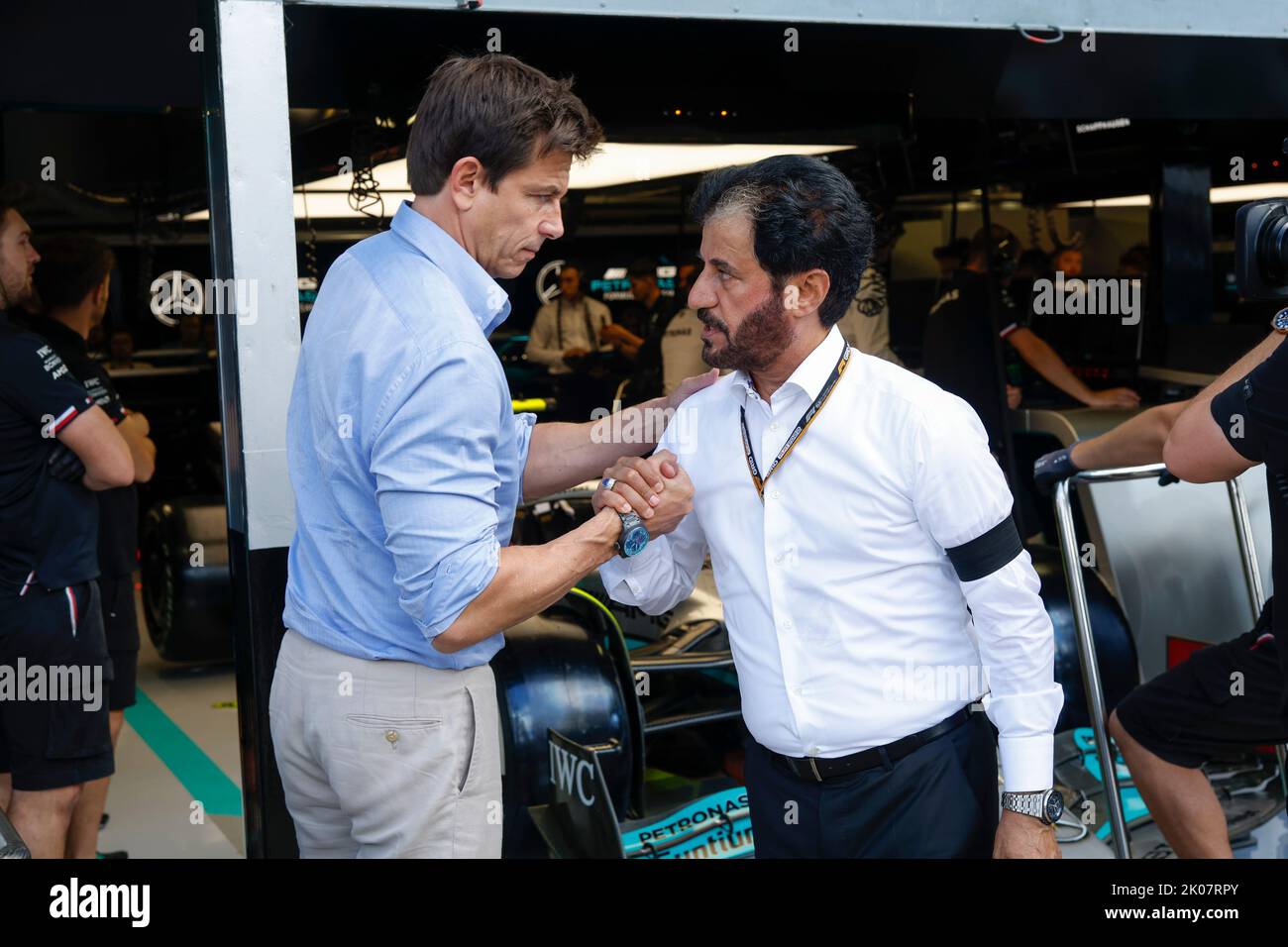 WOLFF Toto (aut), Team Principal & CEO of Mercedes AMG F1 Team, portrait with BEN SULAYEM Mohammed (uae), President of the FIA during the Formula 1 Pirelli Gran Premio d’Italia 2022, Italian Grand Prix 2022, 16th round of the 2022 FIA Formula One World Championship from September 9 to 11, 2022 on the Autodromo Nazionale di Monza, in Monza, Italy - Photo DPPI Stock Photo