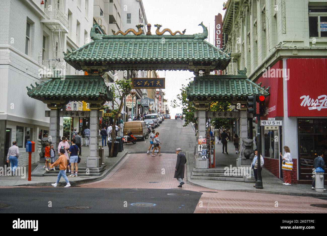 The Dragon Gate in San Francisco in 1990, California, USA Stock Photo