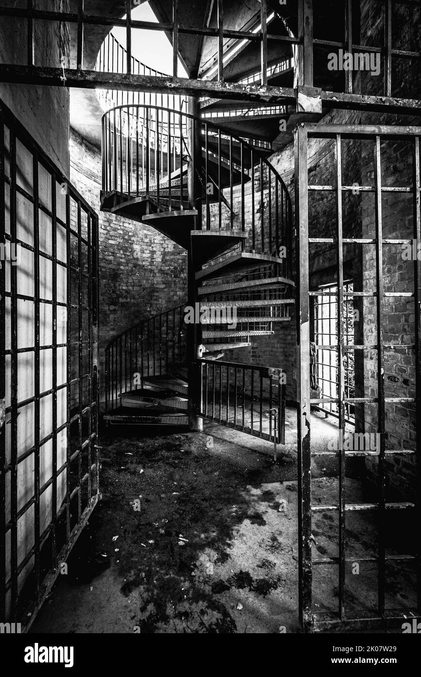 Black and white image of the spiral staircase at the Hill Garden and Pergola in Hampstead. Stock Photo