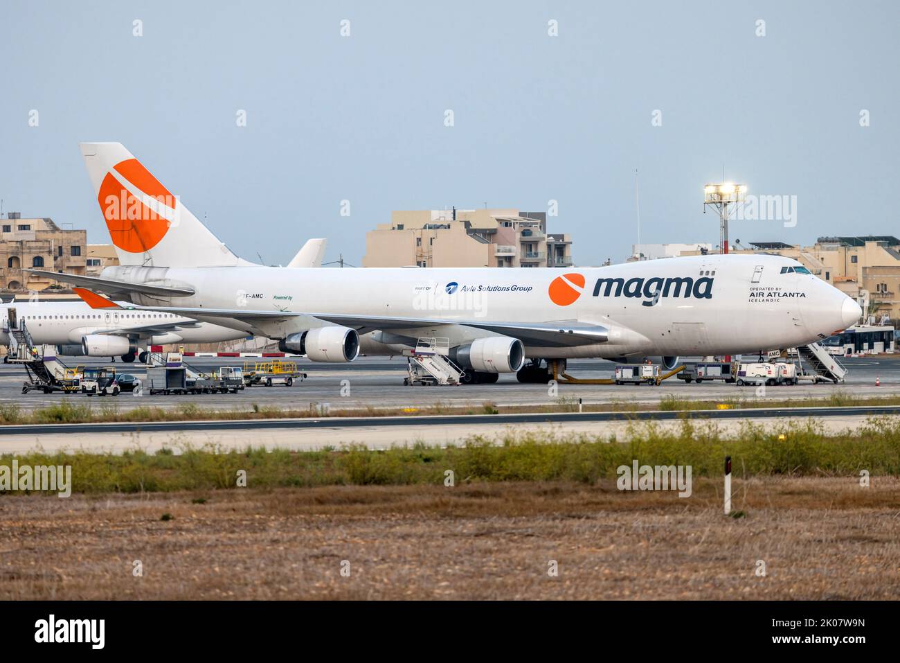 Magma (Air Atlanta Icelandic) Boeing 747-412F (REG: TF-AMC) arrived from Liege and lost part of its engine cowling on that flight just after take off. Stock Photo