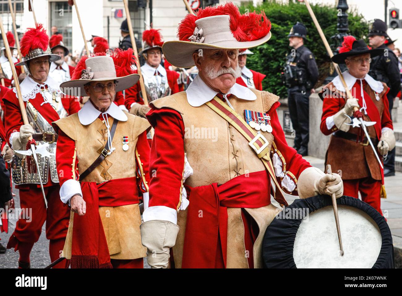 London, UK. 10th Sep, 2022. The Company of Pikemen & Musketeers provide the ceremonial guards, drummers and other uniformed members for the walk from Mansion Huse to Royal Exchange, and the proclamation event. The proclamation is read out, followed by three cheers from the Lord Mayor of the City of London, aldermen and other attendees. Following the Accession Council meeting at St. James' Palace to proclaim King Charles the new sovereign the proclamation is read at St. James' Palace and the Royal Exchange in the City of London to confirm Charles as king. Credit: Imageplotter/Alamy Live News Stock Photo