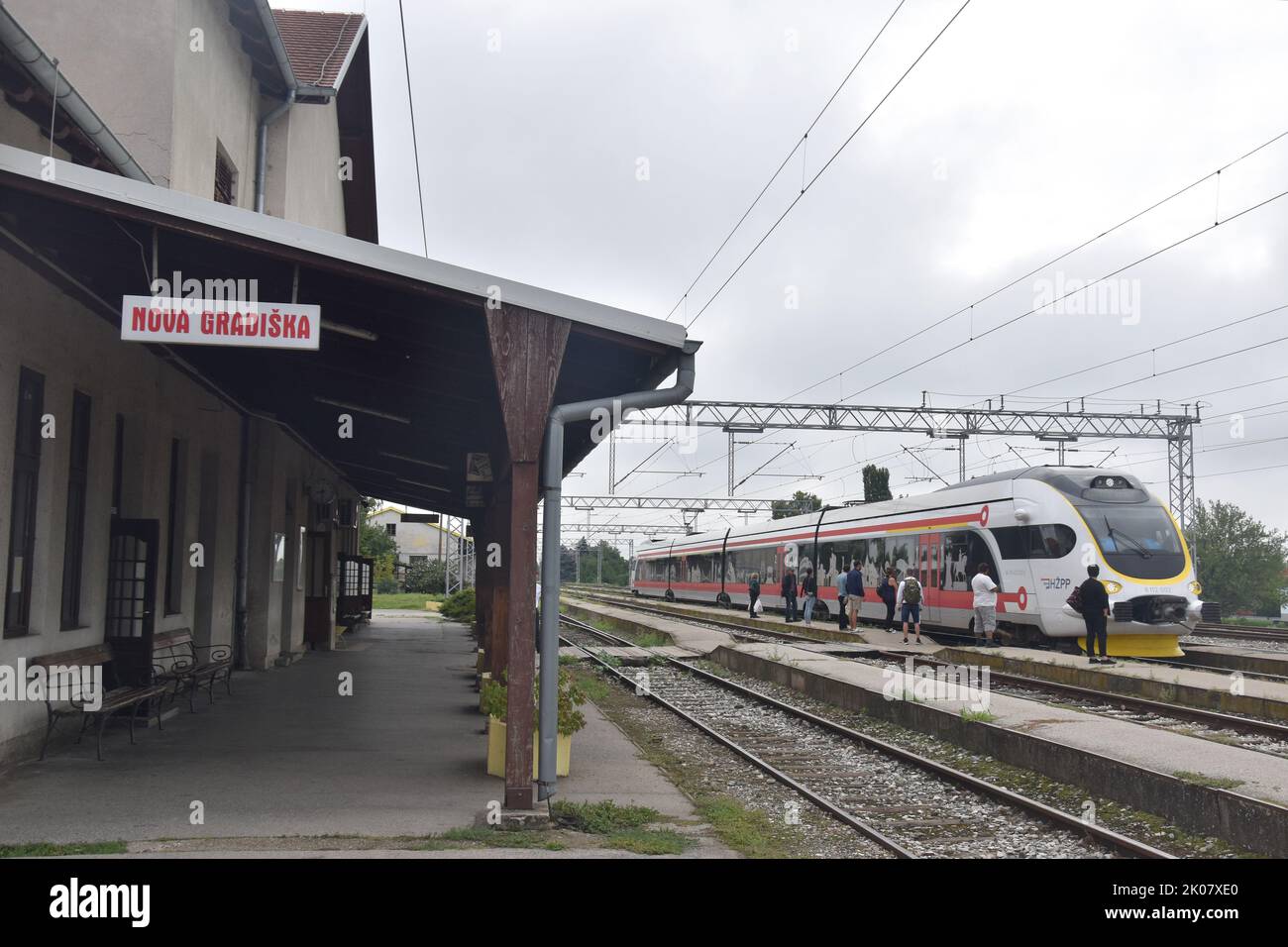 Nova Gradiška, Croatia, Western Slavonia: the railway station and a train to Zagreb Stock Photo