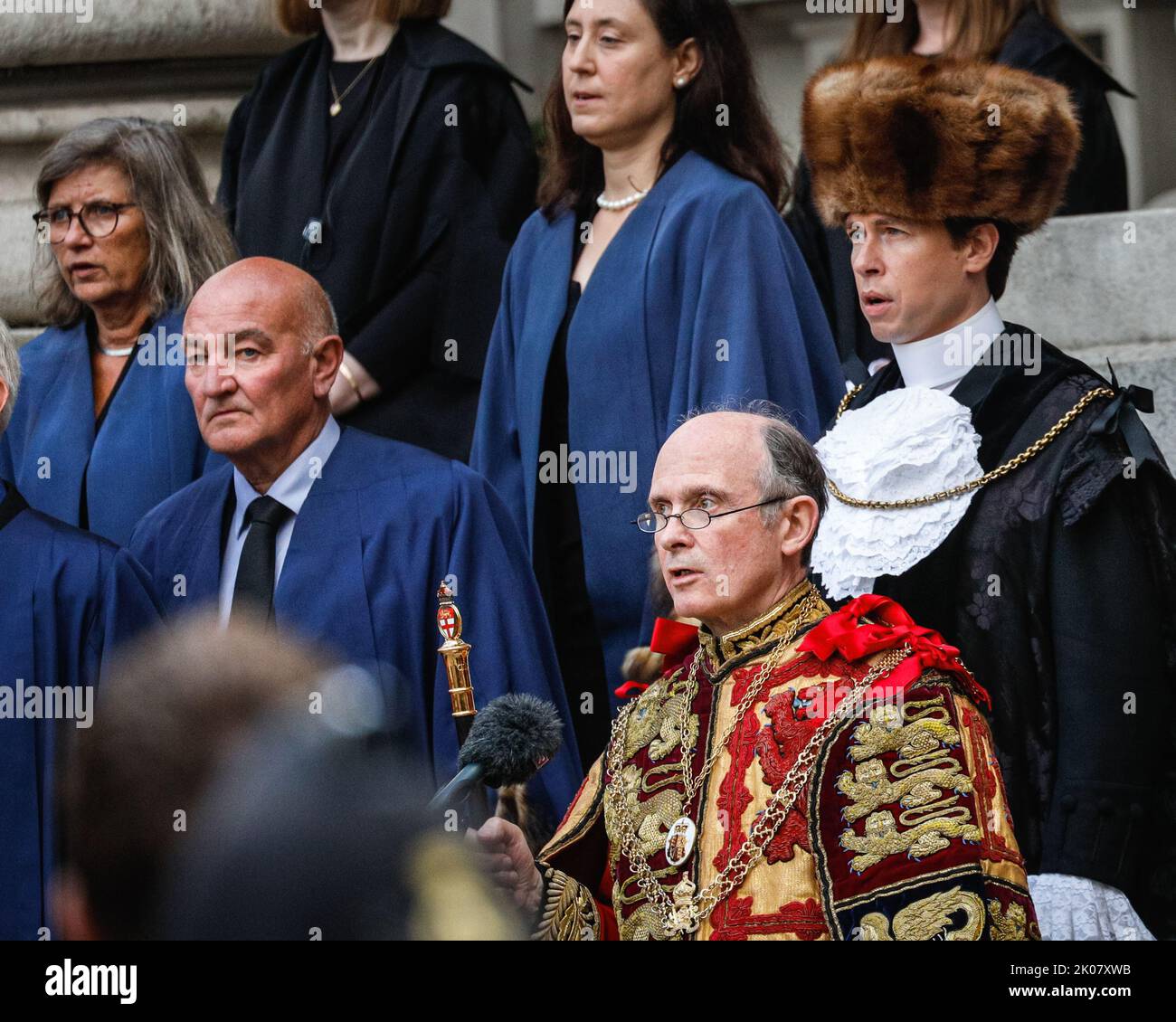 London, UK. 10th Sep, 2022. The proclamation is read out, followed by three cheers from the Lord Mayor of the City of London, aldermen and other attendees. Following the Accession Council meeting at St. James' Palace to proclaim King Charles the new sovereign the proclamation is read at St. James' Palace and the Royal Exchange in the City of London to confirm Charles as king. Credit: Imageplotter/Alamy Live News Stock Photo