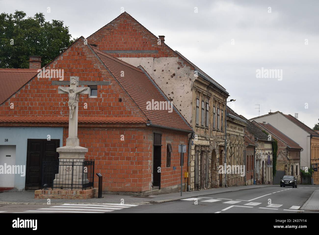 the town of Vukovar in Eastern Croatia, Slavonia, Srijem, by the Danube river, traces of war 1991: baroque houses in the center Stock Photo