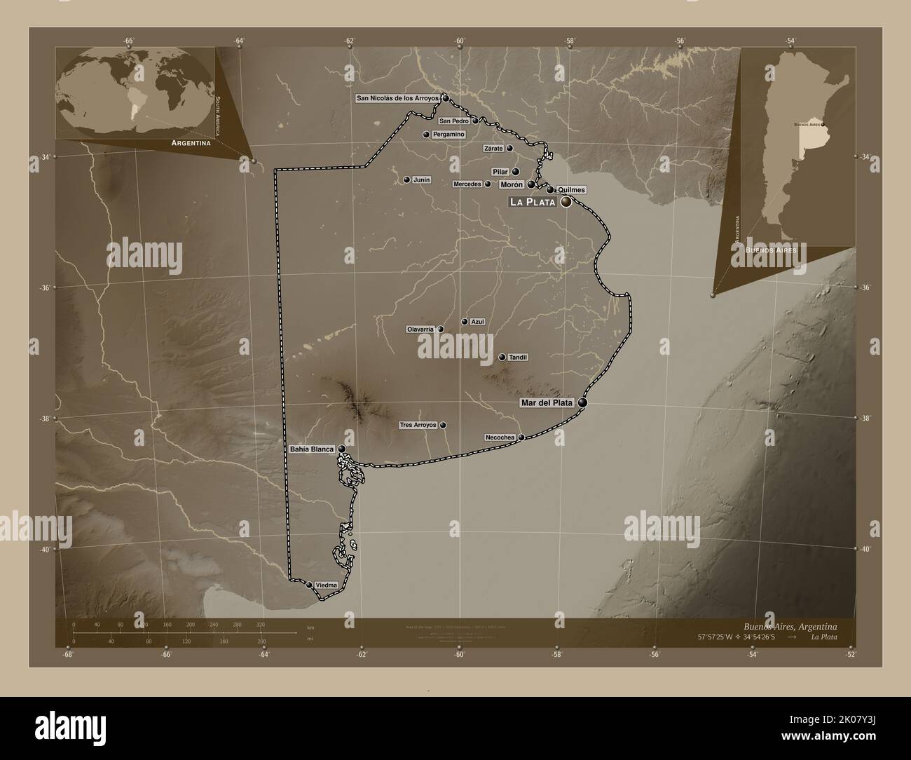 Buenos Aires, province of Argentina. Elevation map colored in sepia tones with lakes and rivers. Locations and names of major cities of the region. Co Stock Photo