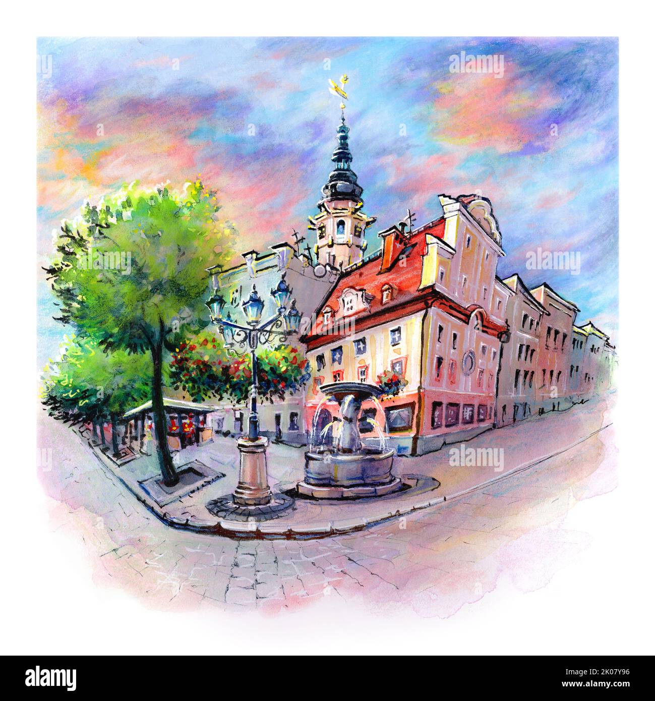 Watercolor sketch of Swidnica Market Square in the Old Town of Swidnica, Silesia, Poland. Stock Photo