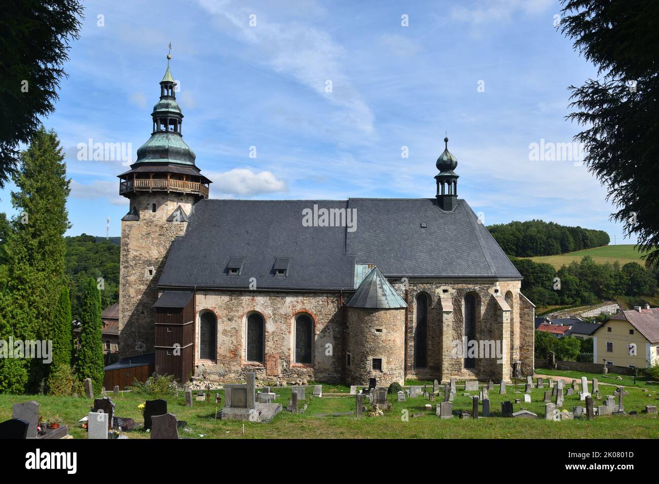Medieval town of Horni Slavkov (Schlaggenwald) in Bohemia, Czech Republic: the church Stock Photo