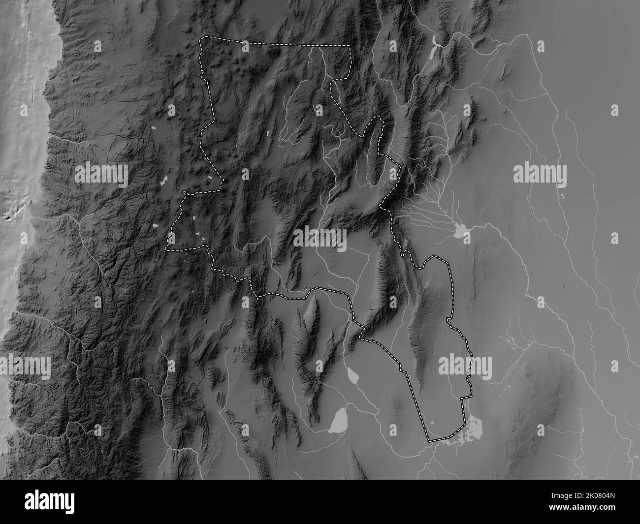 Catamarca, province of Argentina. Grayscale elevation map with lakes and rivers Stock Photo