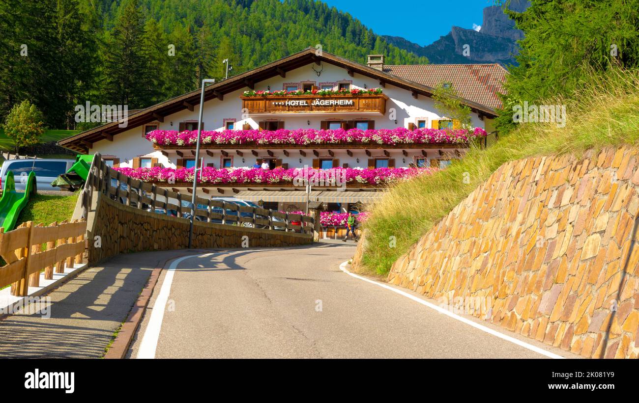 Santa Cristina Valgardena, town and commune in northern Italy, located in the Dolomites / Italy - August 29 2022: Santa Cristina Valgardena town and c Stock Photo