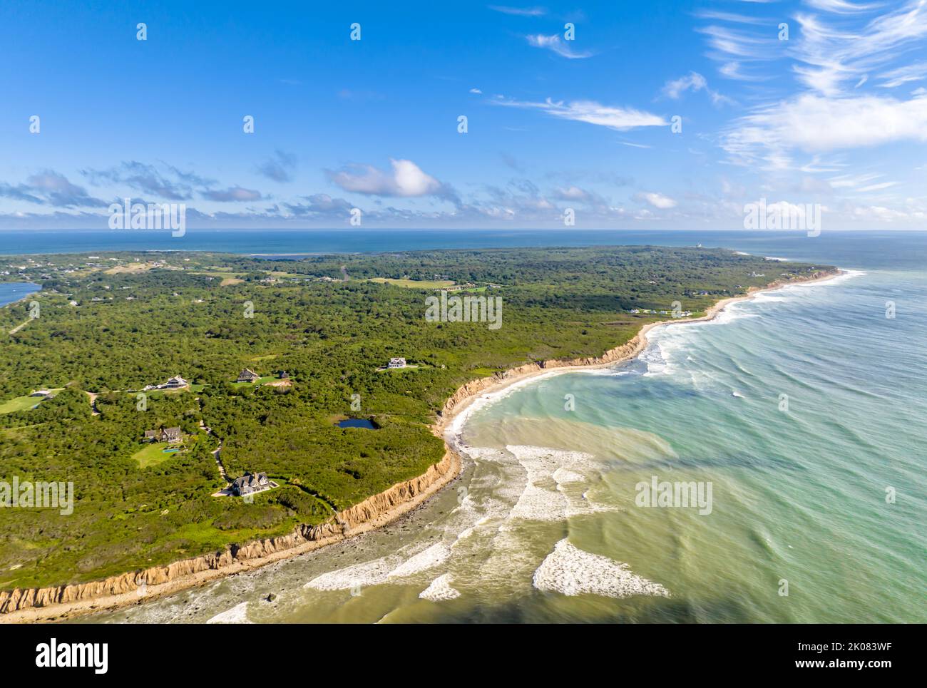 Aerial view of Montauk south shore, looking east. Stock Photo