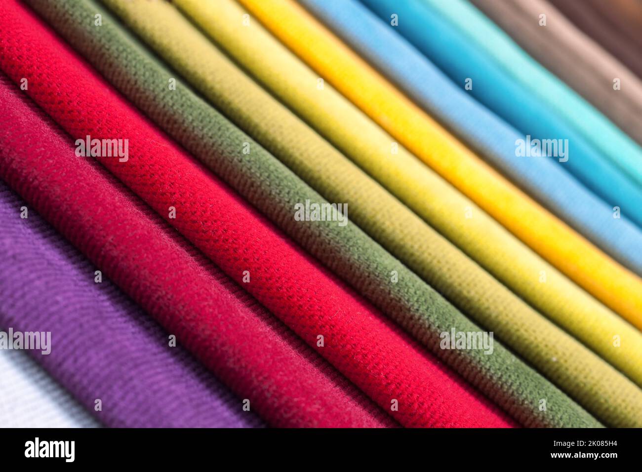 Color samples of the upholstery fabric in the assortment. palette of fabrics of various colors Stock Photo