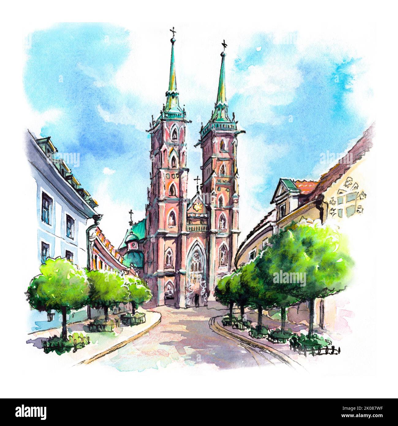 Watercolor sketch of Wroclaw Cathedral on Ostrow Tumski in Wroclaw, Poland. Stock Photo