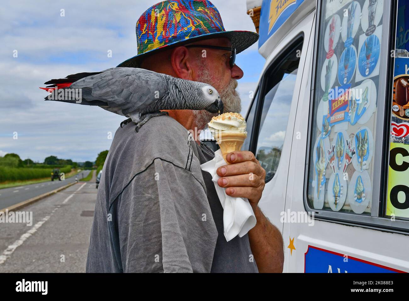 Chew Valley, UK. 10th Sep, 2022. On a hot afternoon in Chew Valley Lakes, Zula the South African gray parrot who is 15 is given an Ice Cream by his owner Shaun as a treat.Picture Credit: Robert Timoney/Alamy Live News Stock Photo