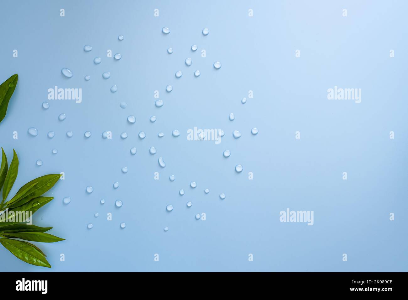 Snowflake from water drops and green leaves on a blue background. Copy space. Flat lay. Top view.  Stock Photo