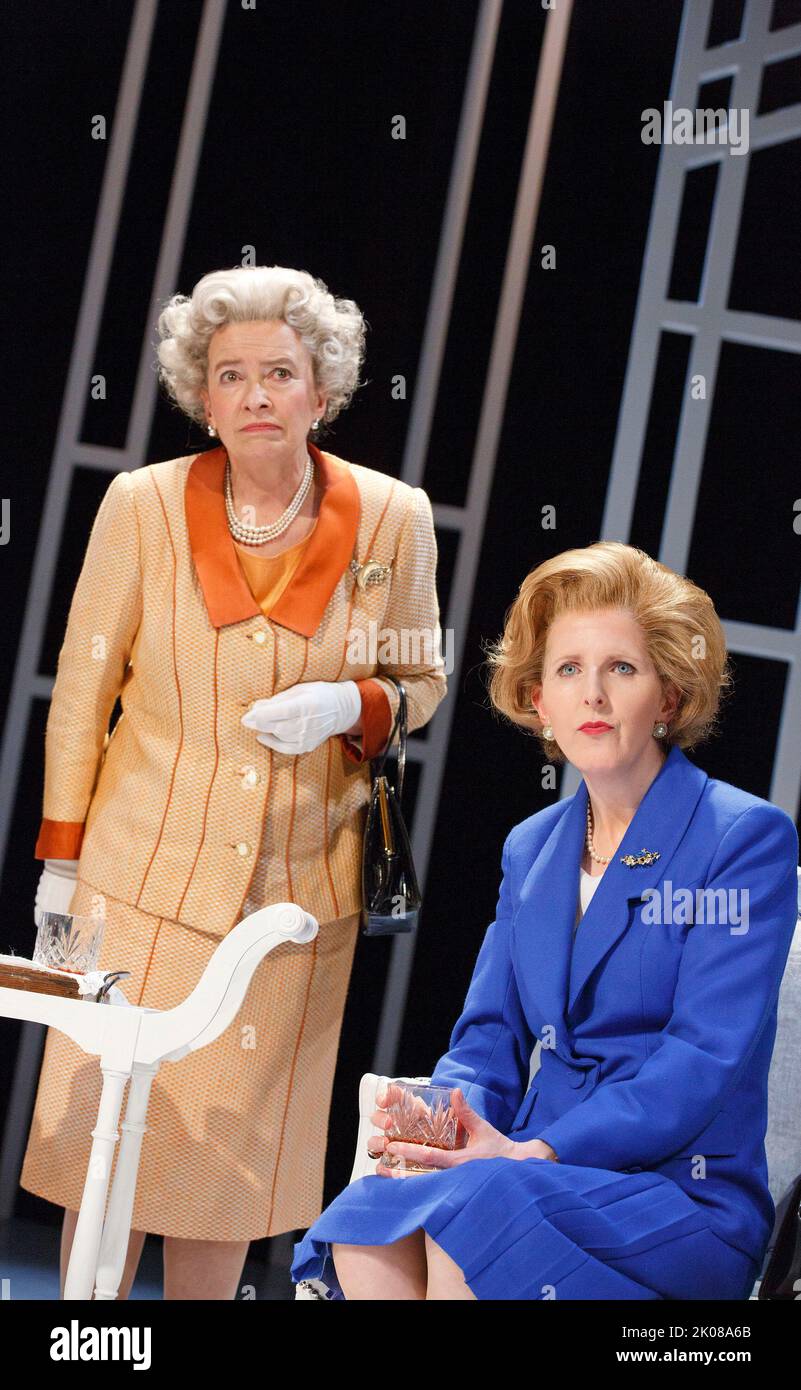 l-r: Marion Bailey (Q - Older Queen), Fenella Woolgar (Mags - Younger Thatcher) in HANDBAGGED by Moira Buffini at the Vaudeville Theatre, London WC2   10/04/2014   a Tricycle Theatre, London NW6 2013 production  design: Richard Kent  lighting: Oliver Fenwick  director: Indhu Rubasingham Stock Photo