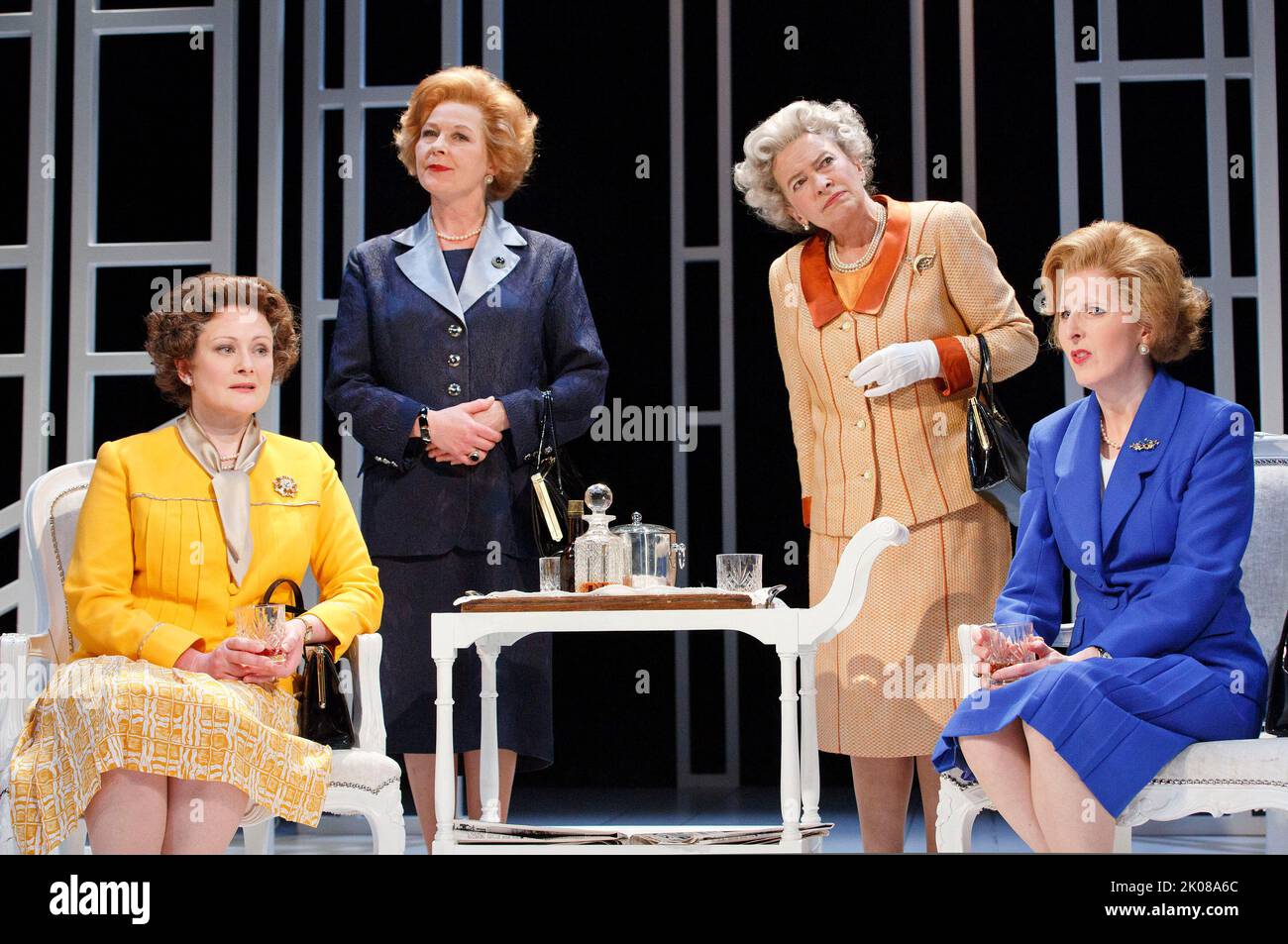 l-r: Lucy Robinson (Liz - Younger Queen), Stella Gonet (T - Older Thatcher), Marion Bailey (Q - Older Queen), Fenella Woolgar (Mags - Younger Thatcher) in HANDBAGGED by Moira Buffini at the Vaudeville Theatre, London WC2   10/04/2014   a Tricycle Theatre, London NW6 2013 production  design: Richard Kent  lighting: Oliver Fenwick  director: Indhu Rubasingham Stock Photo