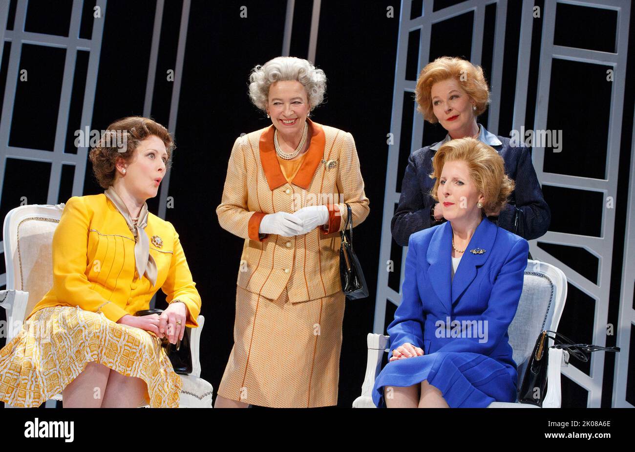 l-r: Lucy Robinson (Liz - Younger Queen), Marion Bailey (Q - Older Queen), (rear) Stella Gonet (T - Older Thatcher), Fenella Woolgar (Mags - Younger Thatcher) in HANDBAGGED by Moira Buffini at the Vaudeville Theatre, London WC2   10/04/2014   a Tricycle Theatre, London NW6 2013 production  design: Richard Kent  lighting: Oliver Fenwick  director: Indhu Rubasingham Stock Photo