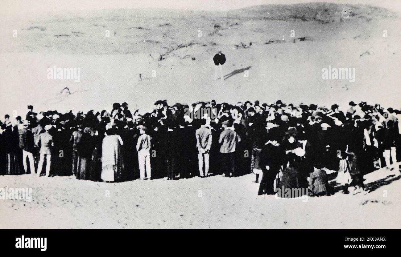 Foundation ceremony of Tel Aviv in 1909. Tel Aviv-Yafo, often referred to as just Tel Aviv, is the most populous city in the Gush Dan metropolitan area of Israel. The city was founded in 1909 by the Yishuv (Jewish residents) as a modern housing estate on the outskirts of the ancient port city of Jaffa, then part of the Mutasarrifate of Jerusalem within the Ottoman Empire Stock Photo