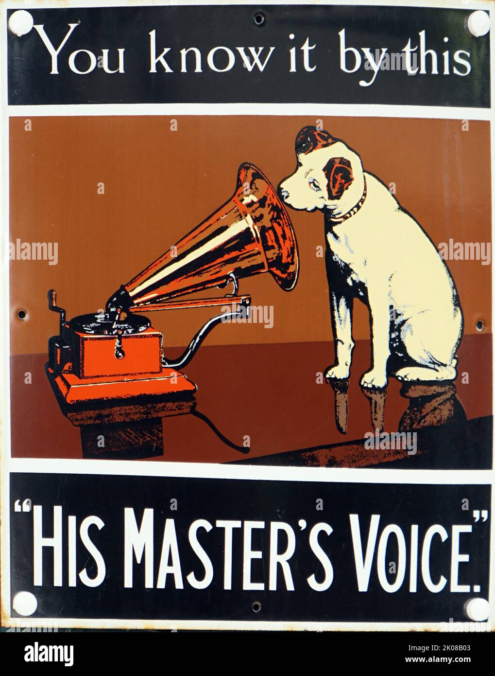 Advertisement for His Master's Voice (HMV) was the name of a major British record label created in 1901 by The Gramophone Co. Ltd. The phrase was coined in the late 1890s as the title of a painting depicting a terrier-mix dog named Nipper listening to a wind-up disc gramophone and tilting his head Stock Photo