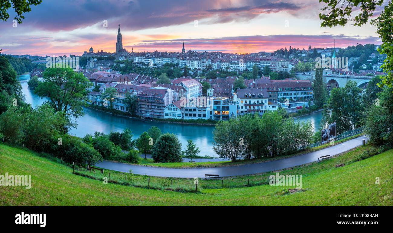 Bern - The panoramma of old town in evening dusk. Stock Photo