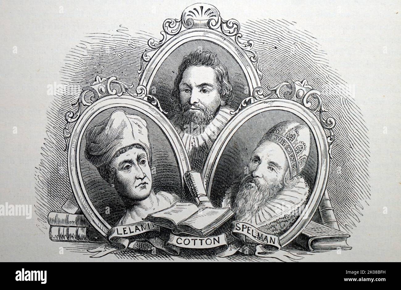 English Antiquaries. Black and white Illustration of Leland, Cotton and Spelman. John Leland or Leyland (13 September, c. 1503 - 18 April 1552) was an English poet and antiquary. Sir Robert Bruce Cotton, 1st Baronet (22 January 1570/1 - 6 May 1631) was a Member of Parliament and an antiquarian who founded the Cotton library. Sir Henry Spelman (c. 1562 - October 1641) was an English antiquary, noted for his detailed collections of medieval records, in particular of church councils Stock Photo