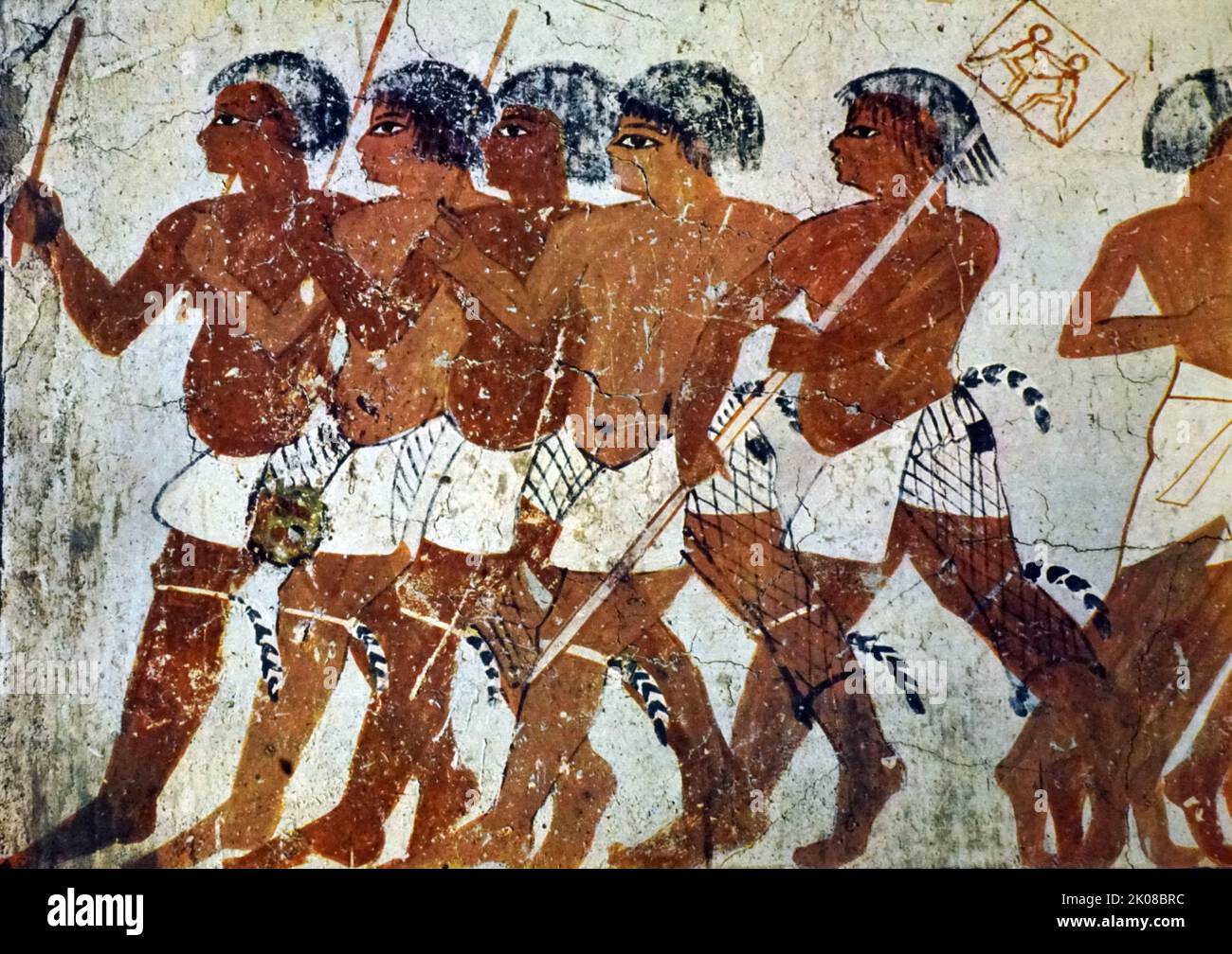Mercenaries Nubiens. The first use of Nubian mercenaries was by Weni of the Sixth Dynasty of Egypt during the Old Kingdom of Egypt, about 2300 BC. Wall painting in a temple in Egypt Stock Photo