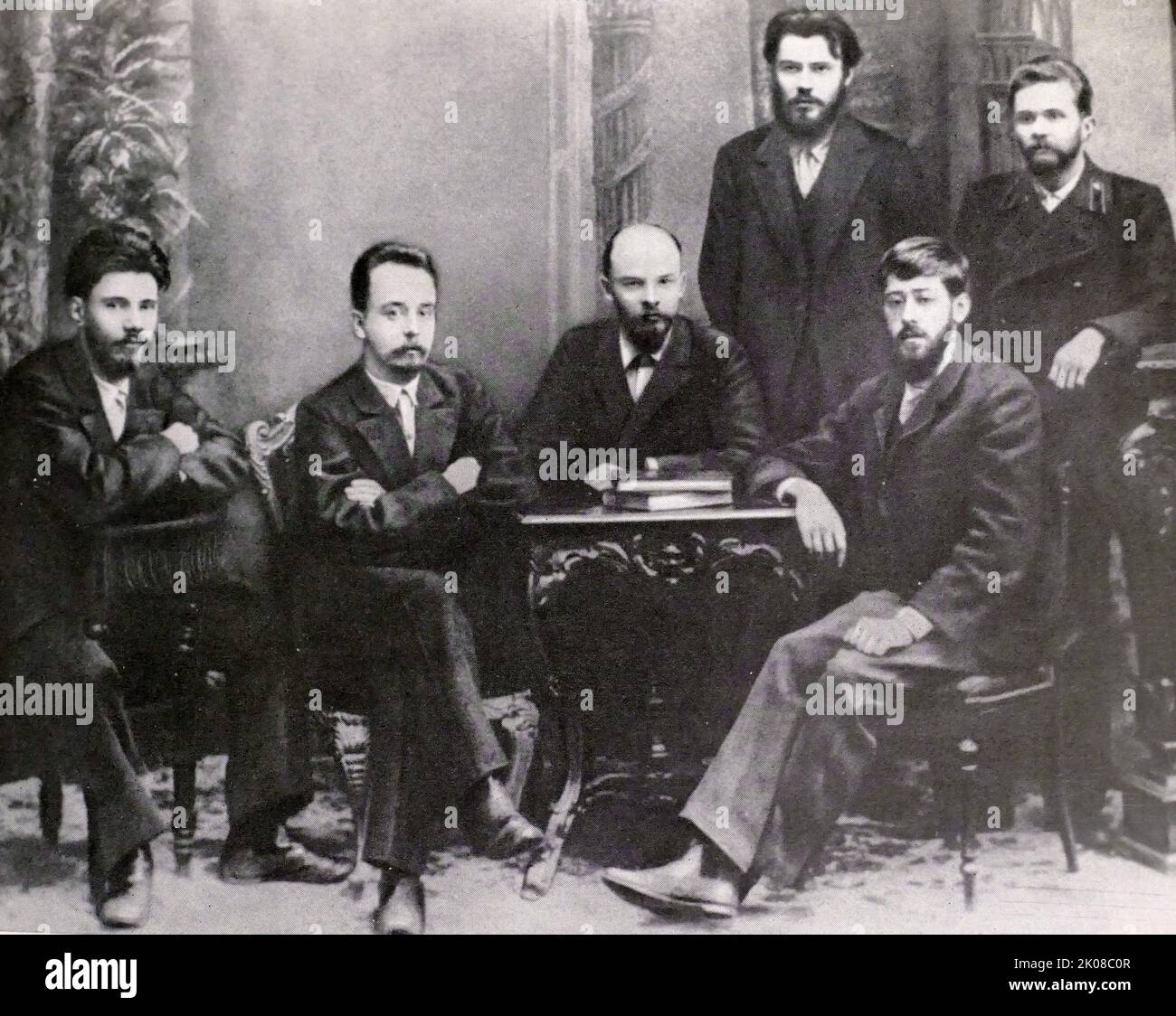 A group of revolutionairies including Lenin (centre) and Martov (on his right). 1895. Vladimir Ilyich Ulyanov (22 April 1870 - 21 January 1924), better known as Vladimir Lenin, was a Russian revolutionary, politician, and political theorist. He served as the first and founding head of government of Soviet Russia from 1917 to 1924 and of the Soviet Union from 1922 to 1924. Under his administration, Russia, and later the Soviet Union, became a one-party socialist state governed by the Communist Party. Ideologically a Marxist, his developments to the ideology are called Leninism. Julius Martov or Stock Photo