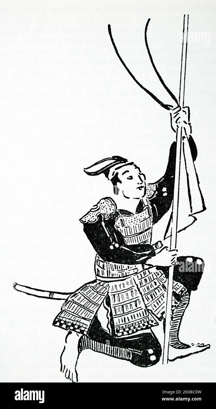 Bannerman (Hatasashi) of a feudal warrior. After a Kamakura period scroll Stock Photo