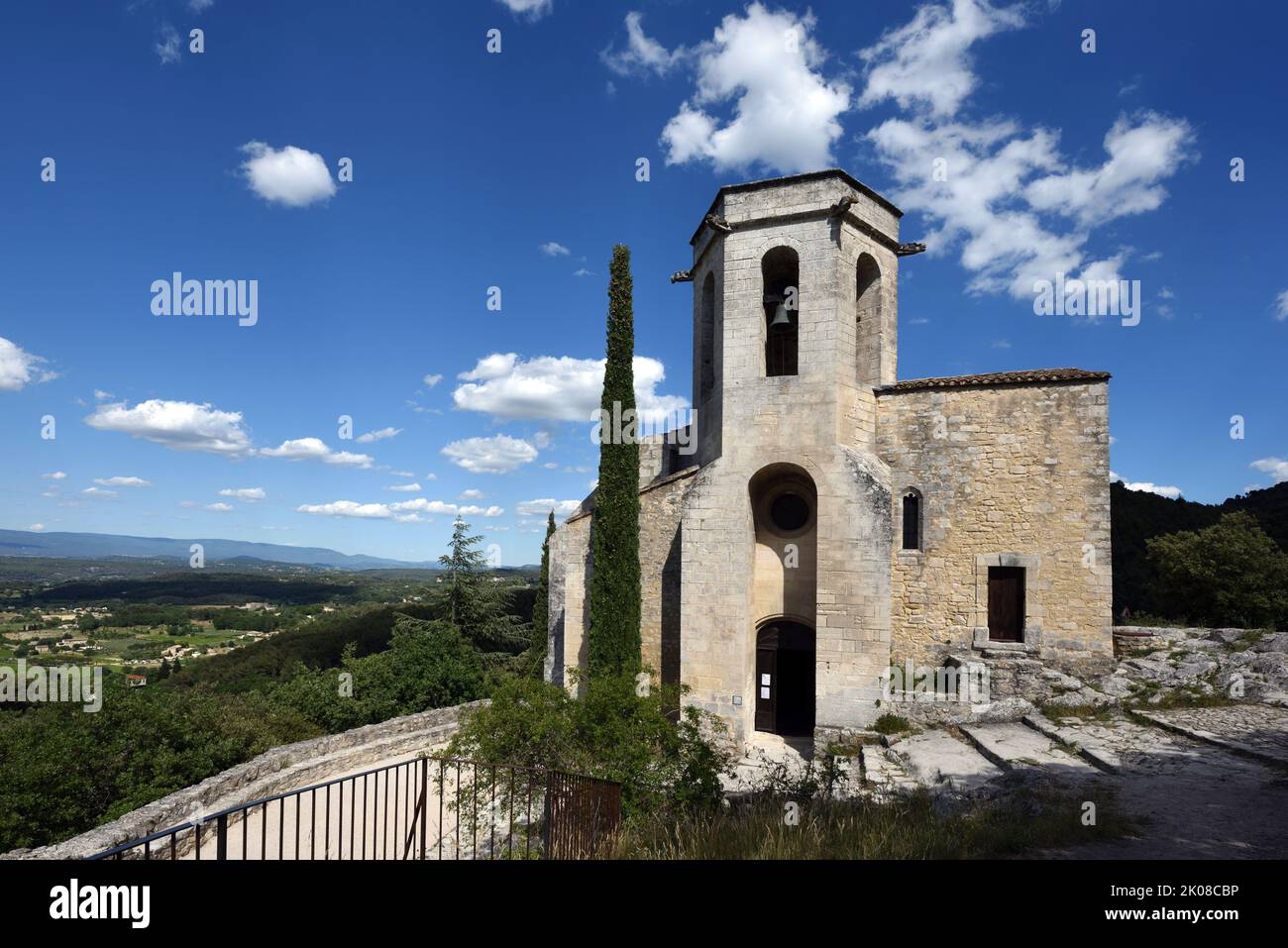 c16th Romanesque Church of Notre Dame Dalidon Oppède le Vieux and view over Calavon Plain Luberon Vaucluse Provence France Stock Photo