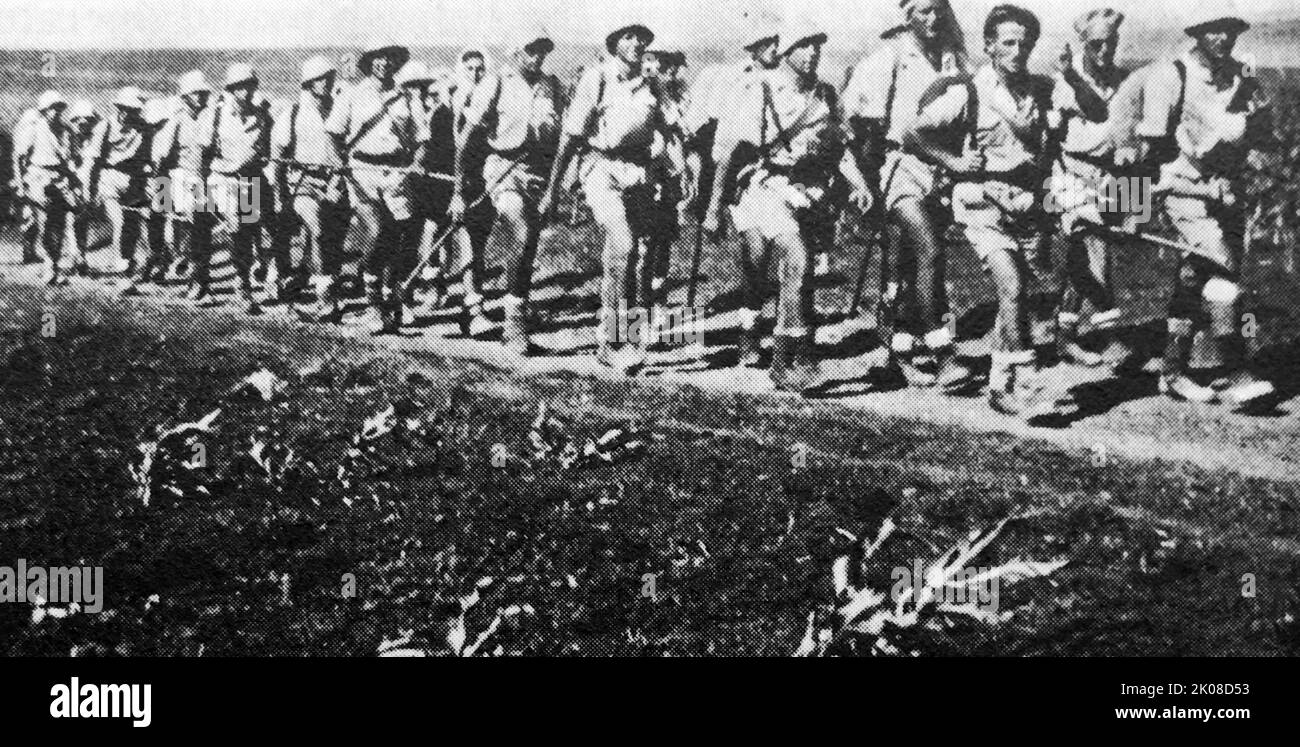 The 'German squad' of the Palmah on a training march in 1942. The Palmach was the elite fighting force of the Haganah, the underground army of the Yishuv (Jewish community) during the period of the British Mandate for Palestine Stock Photo