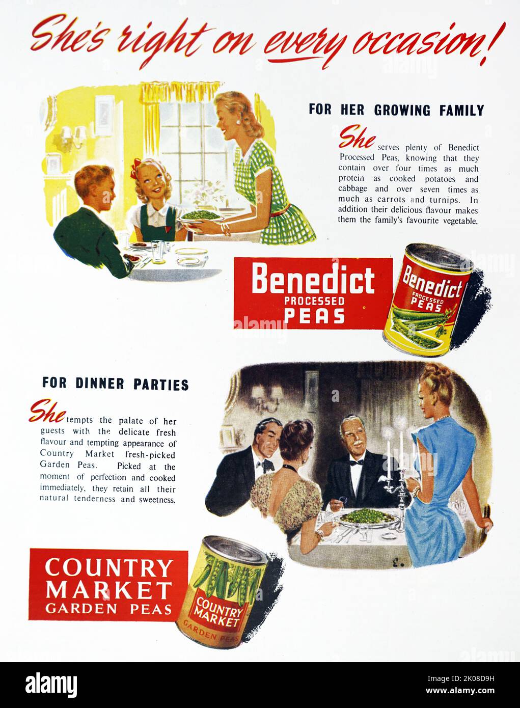 A colour page advertisment in the Picture Post Magazine for Benedict Processed Peas and Country Market Garden Peas Stock Photo