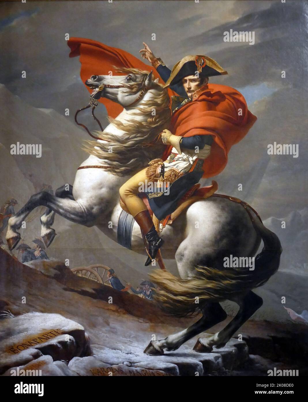 Napoleon on the Great St Bernhard Pass, 1801, by Jacques-Louis David (30 August 1748 - 29 December 1825) was a French painter in the Neoclassical style, considered to be the preeminent painter of the era Stock Photo