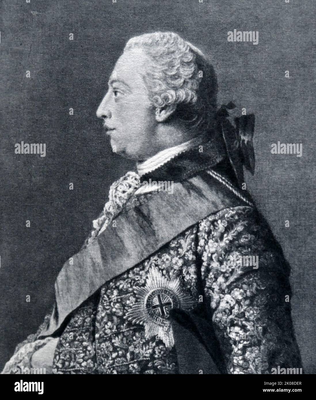 George III, King of England, by Allan Ramsay (13 October 1713 - 10 August 1784) was a prominent Scottish portrait-painter. George III (George William Frederick; 4 June 1738 - 29 January 1820) was King of Great Britain and of Ireland from 25 October 1760 until the union of the two kingdoms on 1 January 1801, after which he was King of the United Kingdom of Great Britain and Ireland until his death in 1820 Stock Photo