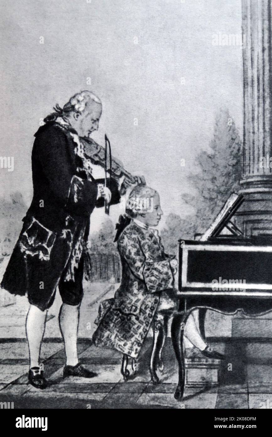 Leopold Mozart plays with his his son Wolfgang. Johann Georg Leopold Mozart (November 14, 1719 - May 28, 1787) was a German composer, conductor, music teacher, and violinist. Mozart is best known as the father and teacher of Wolfgang Amadeus Mozart (27 January 1756 - 5 December 1791), was a prolific and influential composer of the Classical period Stock Photo