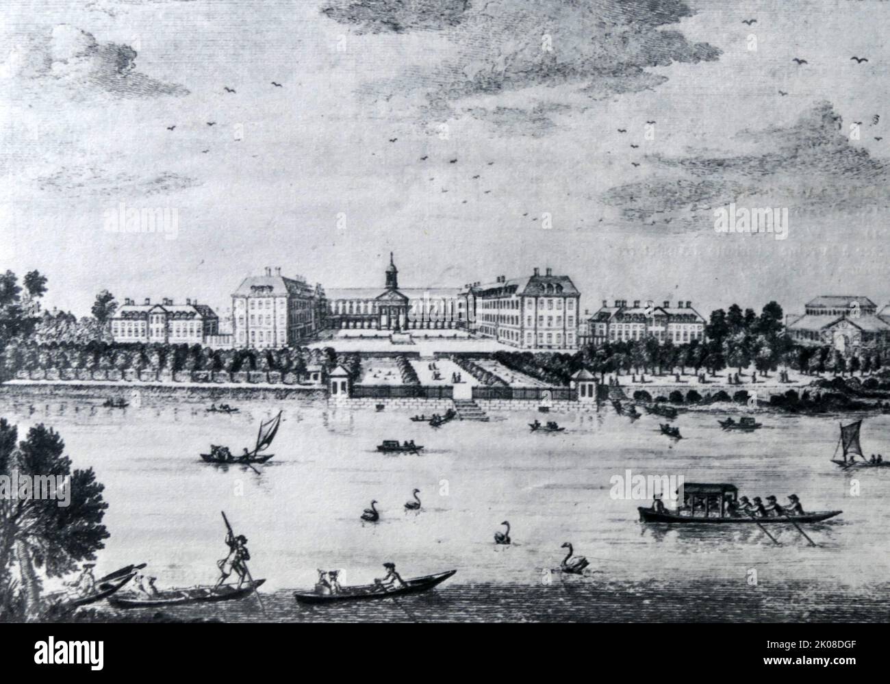 View of Chelsea in the 18th century, where Leopold Mozart recovered from illness in 1764. Chelsea is in west London, England. It lies on the north bank of the River Thames Stock Photo