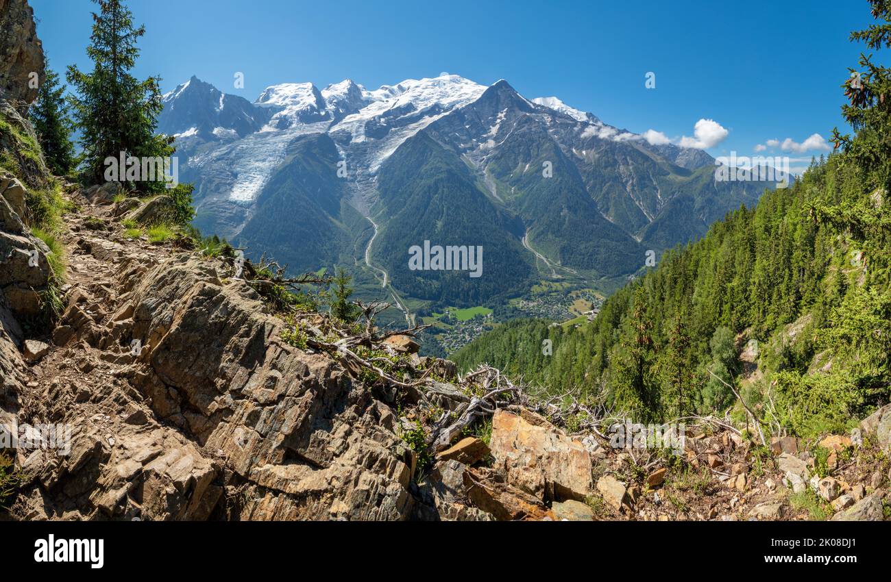 The panorama of Mont Blanc massif and Aigulle du Midi peak. Stock Photo