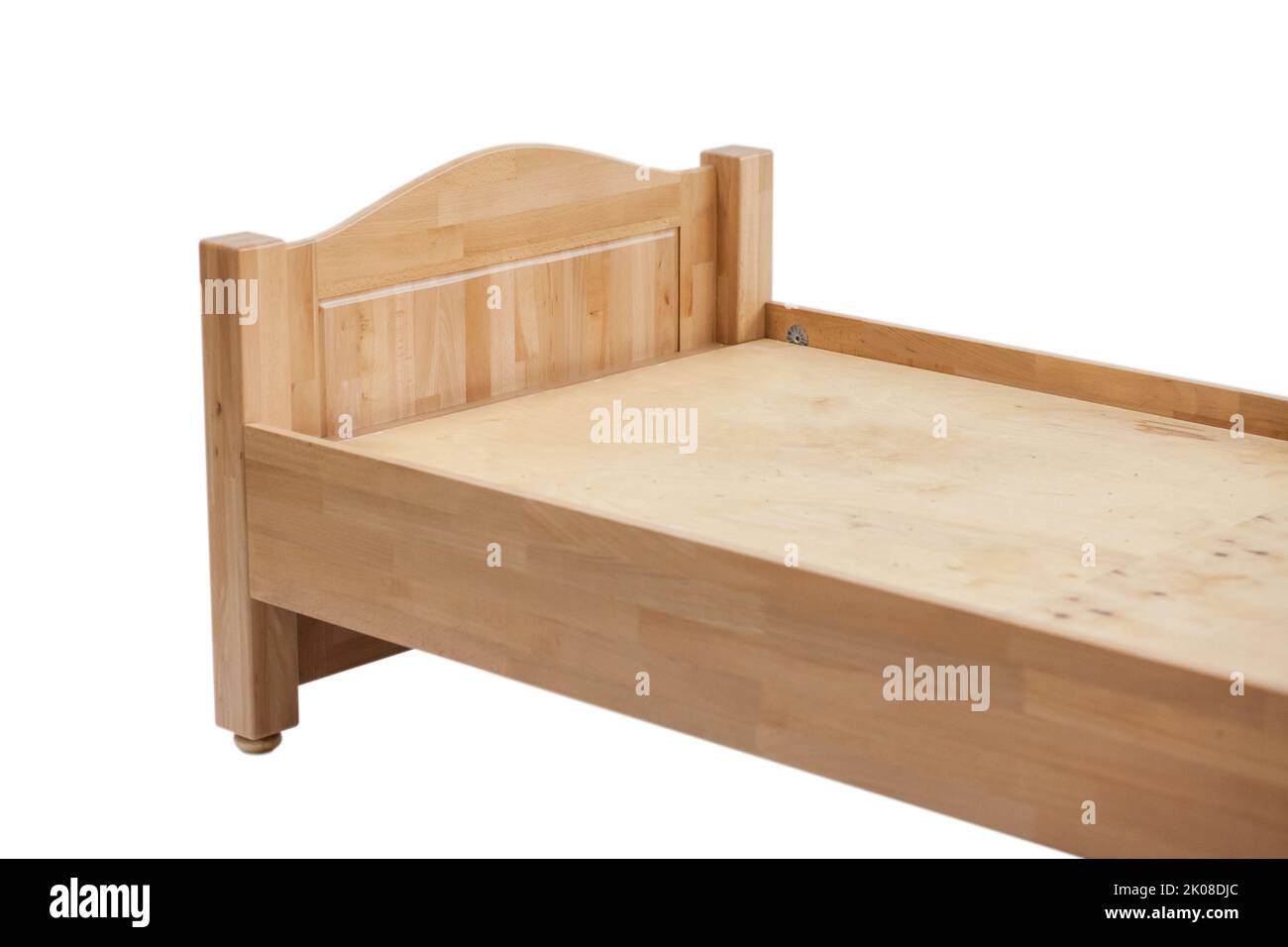 Wooden sleeping bed. New wooden bed frame on white background view