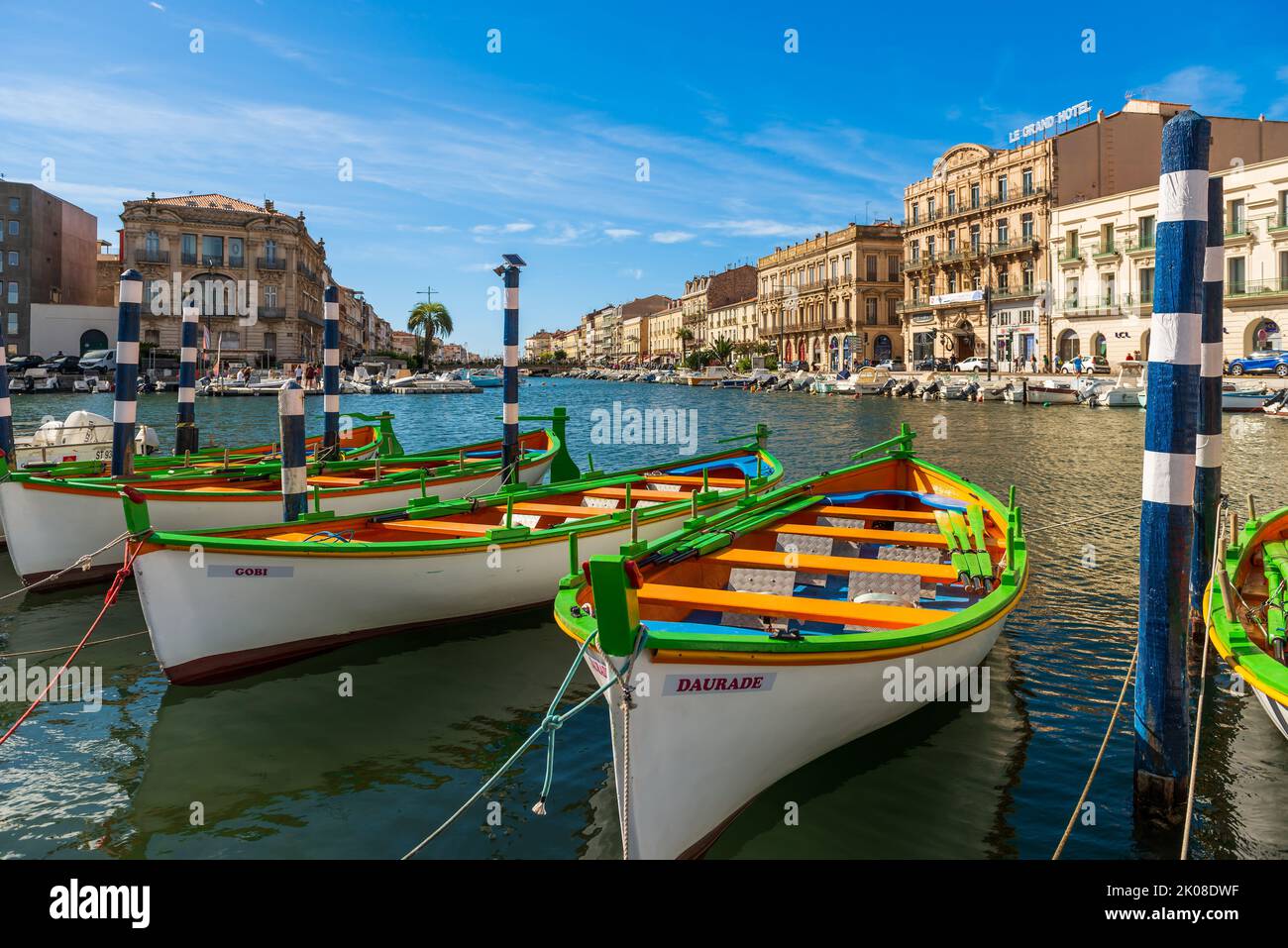 Typical Sète boats on the royal canal in Sète, Hérault, Occitanie, France Stock Photo