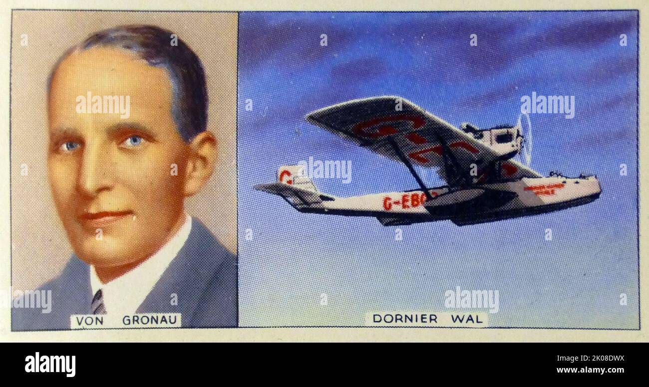 Hans Wolfgang von Gronau (25 February 1893 - 17 March 1977) was a German aviation pioneer. A Dornier Wal. On 18 August 1930 von Gronau flew on a transatlantic flight on a Dornier Wal --the old D-1422 flying boat that Amundsen had flown earlier. He took off from Sylt (Germany) through Faroe Islands, Iceland, Greenland and Labrador, reaching New York City after covering 7,520 km in 47 flight hours Stock Photo
